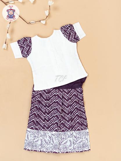 White & Purple - Girls Readymade Floral Printed Cotton Pavadai Sattai