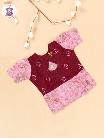 Maroon & Pink - Girls Readymade Floral Printed Cotton Pavadai Sattai