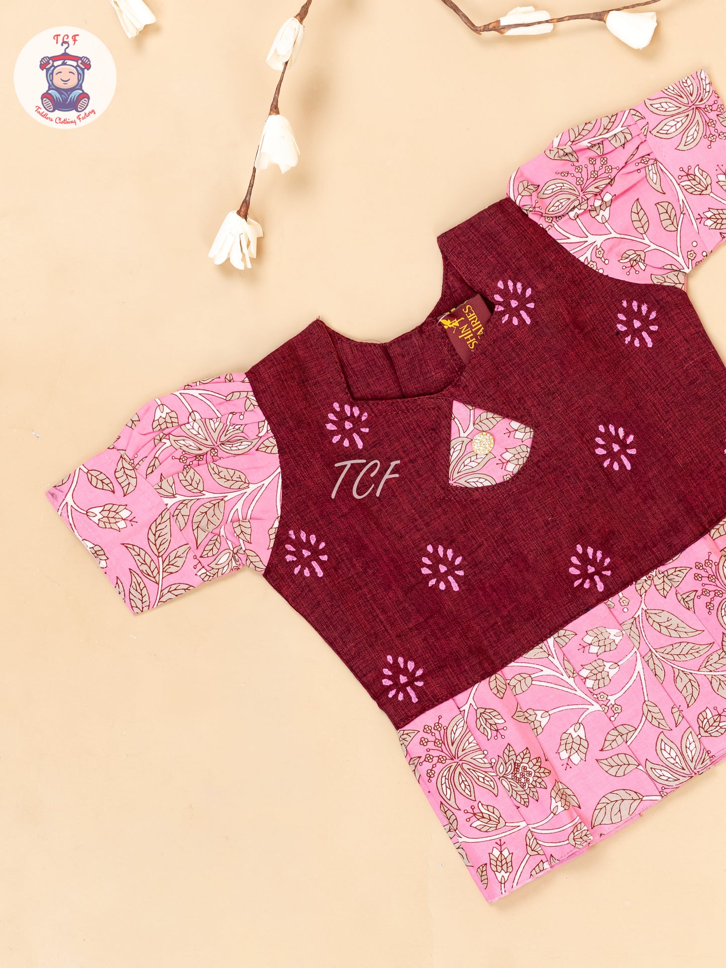 Maroon & Pink - Girls Readymade Floral Printed Cotton Pavadai Sattai
