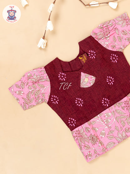 Maroon & Pink - Girls Readymade Floral Printed Cotton Pavadai Sattai