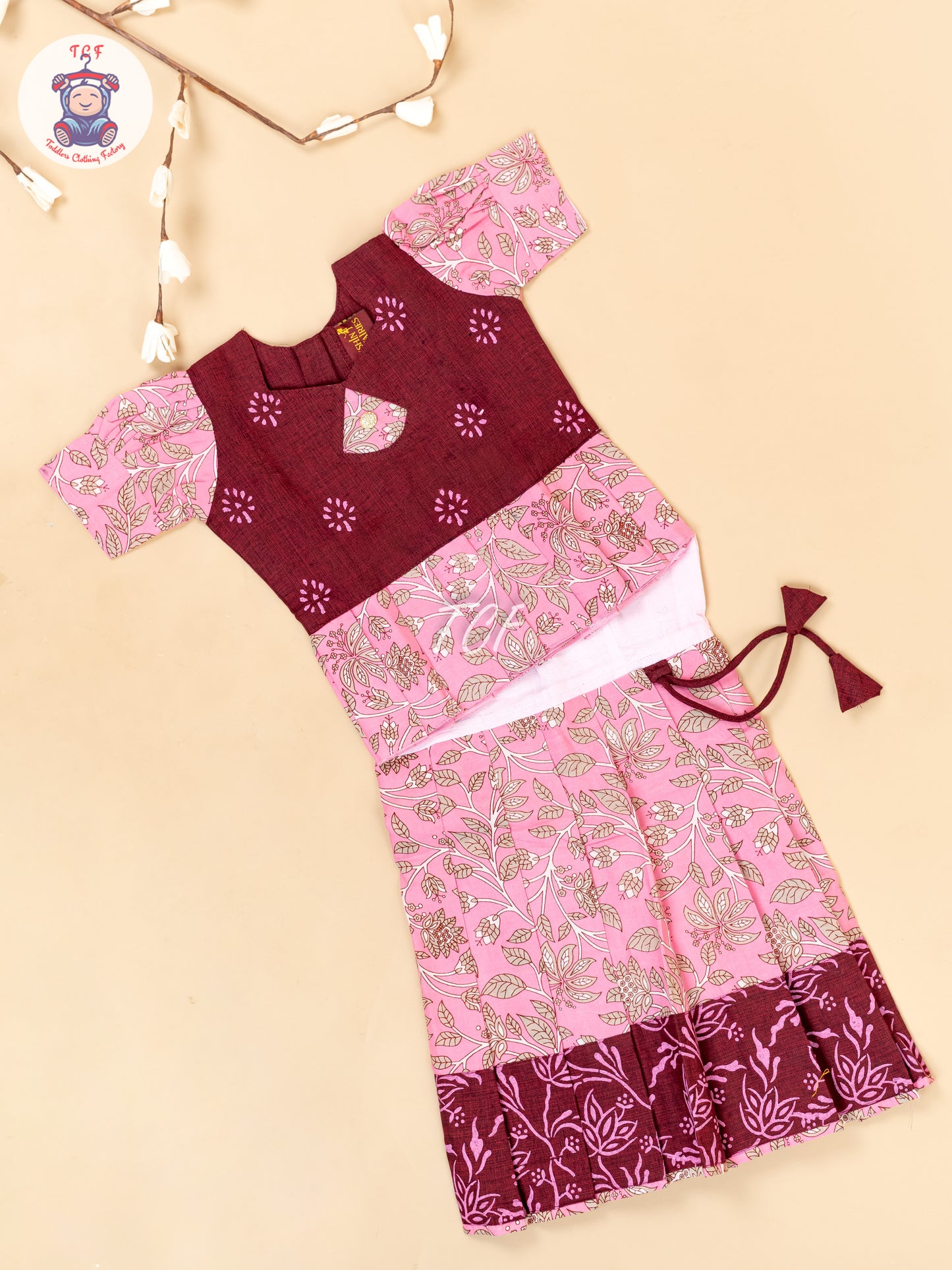 Maroon & Pink - Girls Readymade Floral Printed Cotton Pavadai Sattai