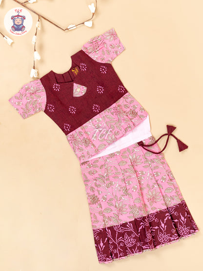 Maroon & Pink - Girls Readymade Floral Printed Cotton Pavadai Sattai