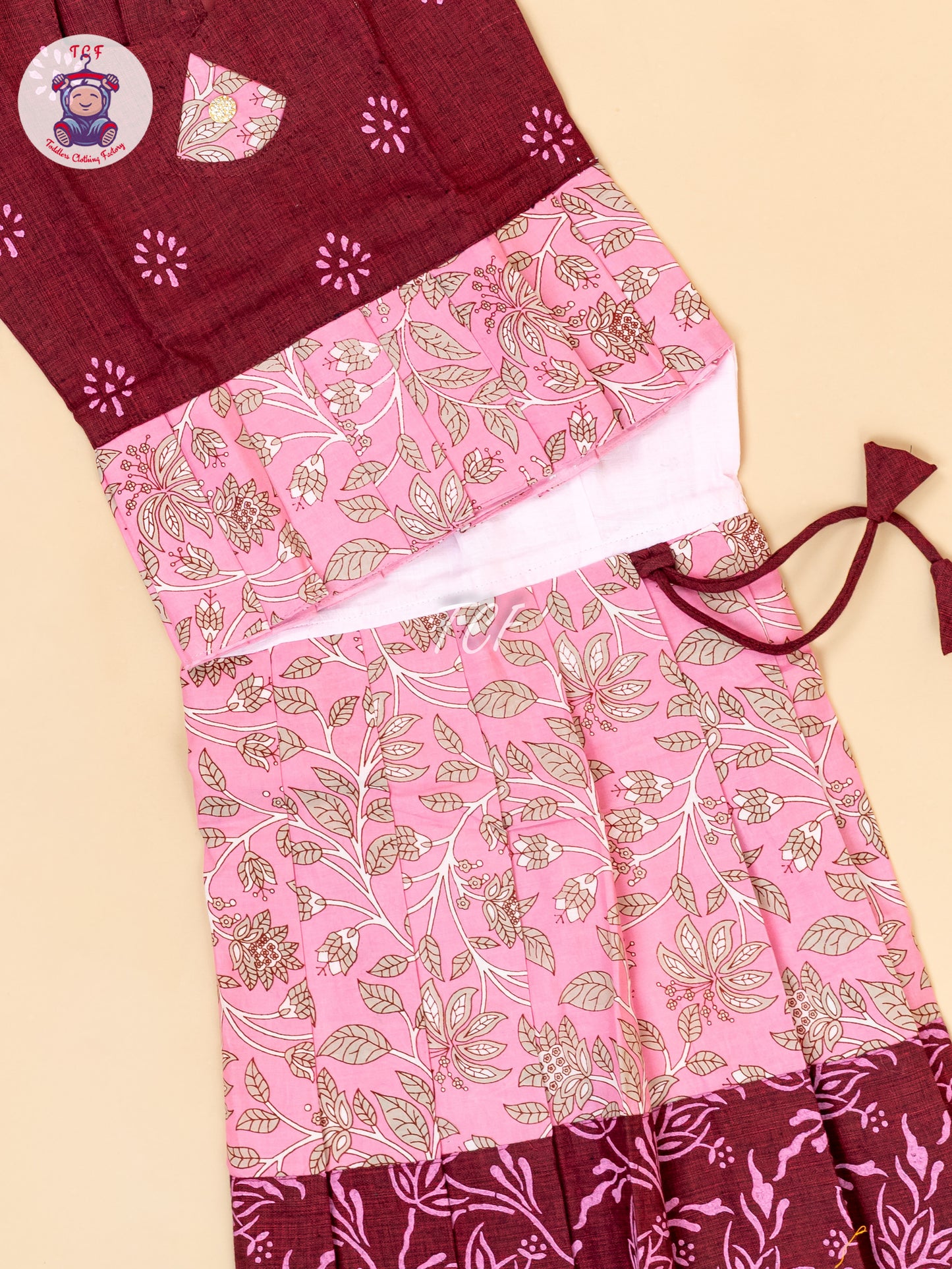 Maroon & Pink - Girls Readymade Floral Printed Cotton Pavadai Sattai