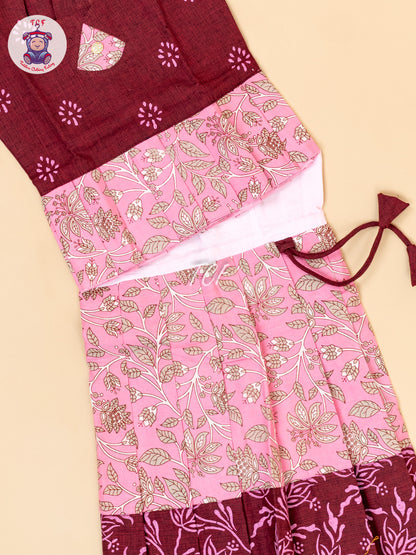 Maroon & Pink - Girls Readymade Floral Printed Cotton Pavadai Sattai