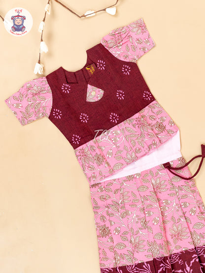 Maroon & Pink - Girls Readymade Floral Printed Cotton Pavadai Sattai