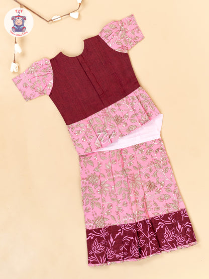 Maroon & Pink - Girls Readymade Floral Printed Cotton Pavadai Sattai