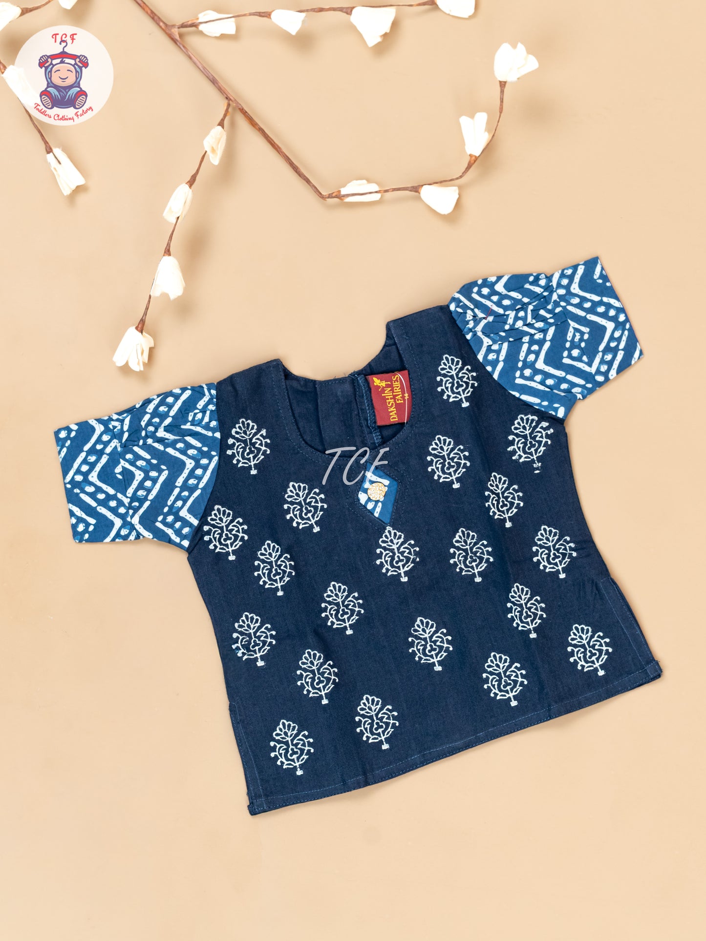 Blue - Girls Readymade Floral Printed Cotton Pavadai Sattai