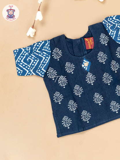Blue - Girls Readymade Floral Printed Cotton Pavadai Sattai
