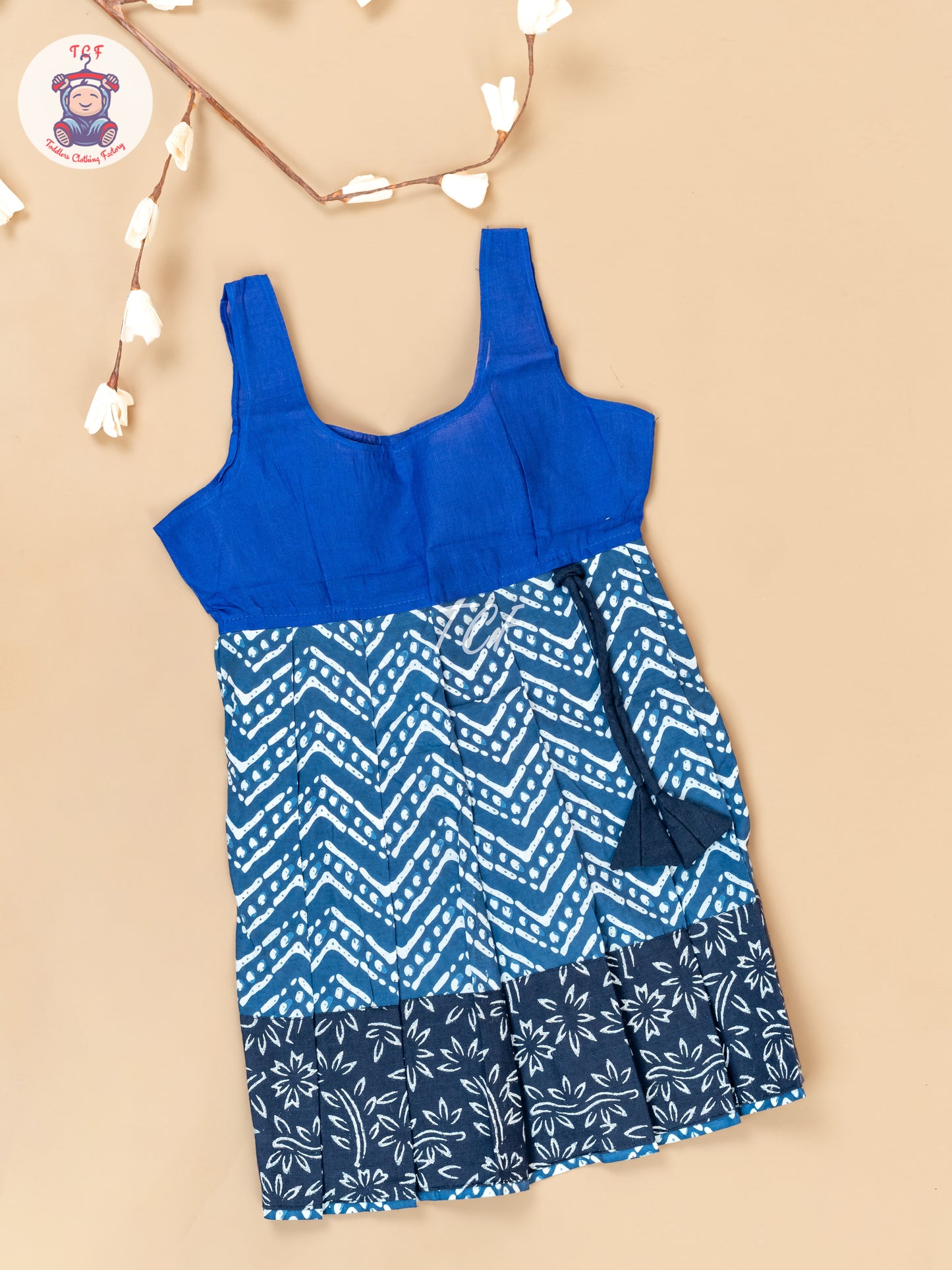 Blue - Girls Readymade Floral Printed Cotton Pavadai Sattai