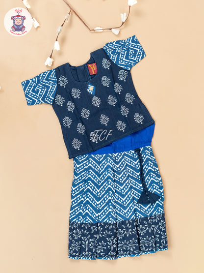 Blue - Girls Readymade Floral Printed Cotton Pavadai Sattai