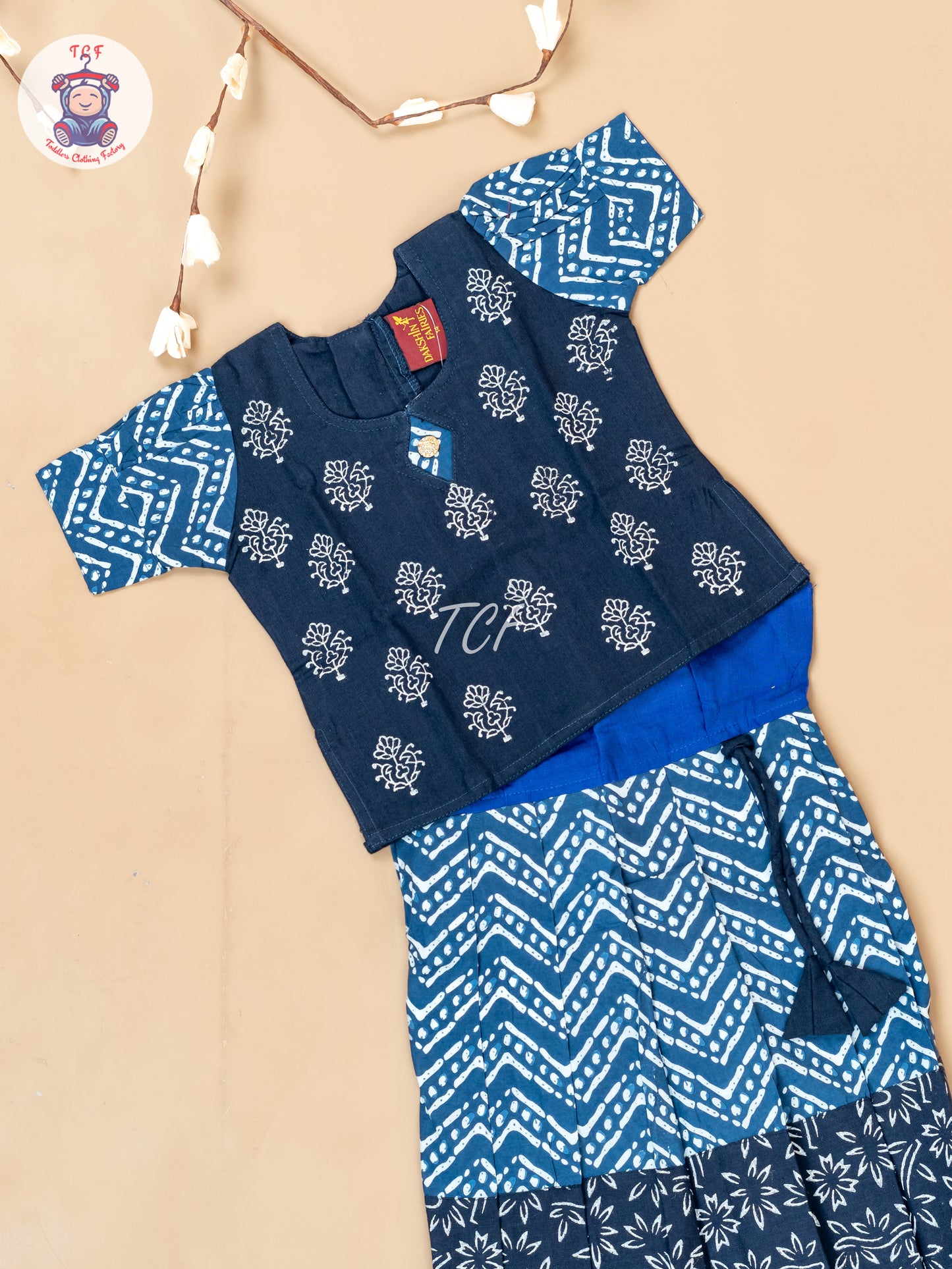 Blue - Girls Readymade Floral Printed Cotton Pavadai Sattai