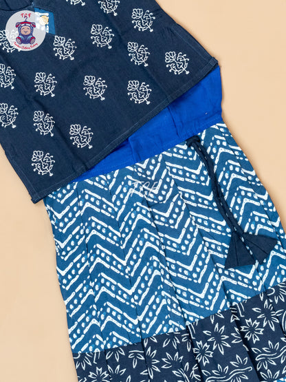 Blue - Girls Readymade Floral Printed Cotton Pavadai Sattai