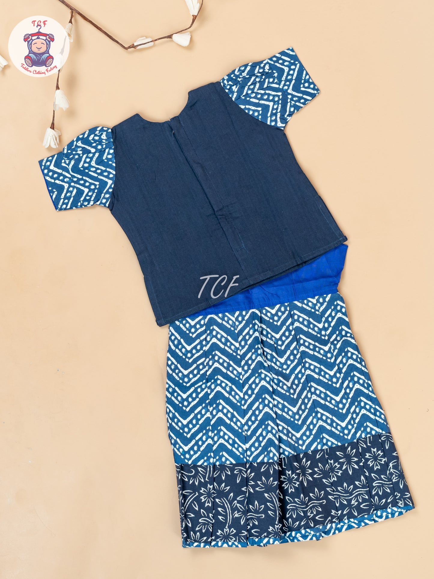 Blue - Girls Readymade Floral Printed Cotton Pavadai Sattai