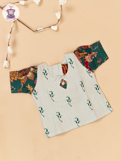 Cream & Bottle Green - Girls Readymade Floral Printed Cotton Pavadai Sattai
