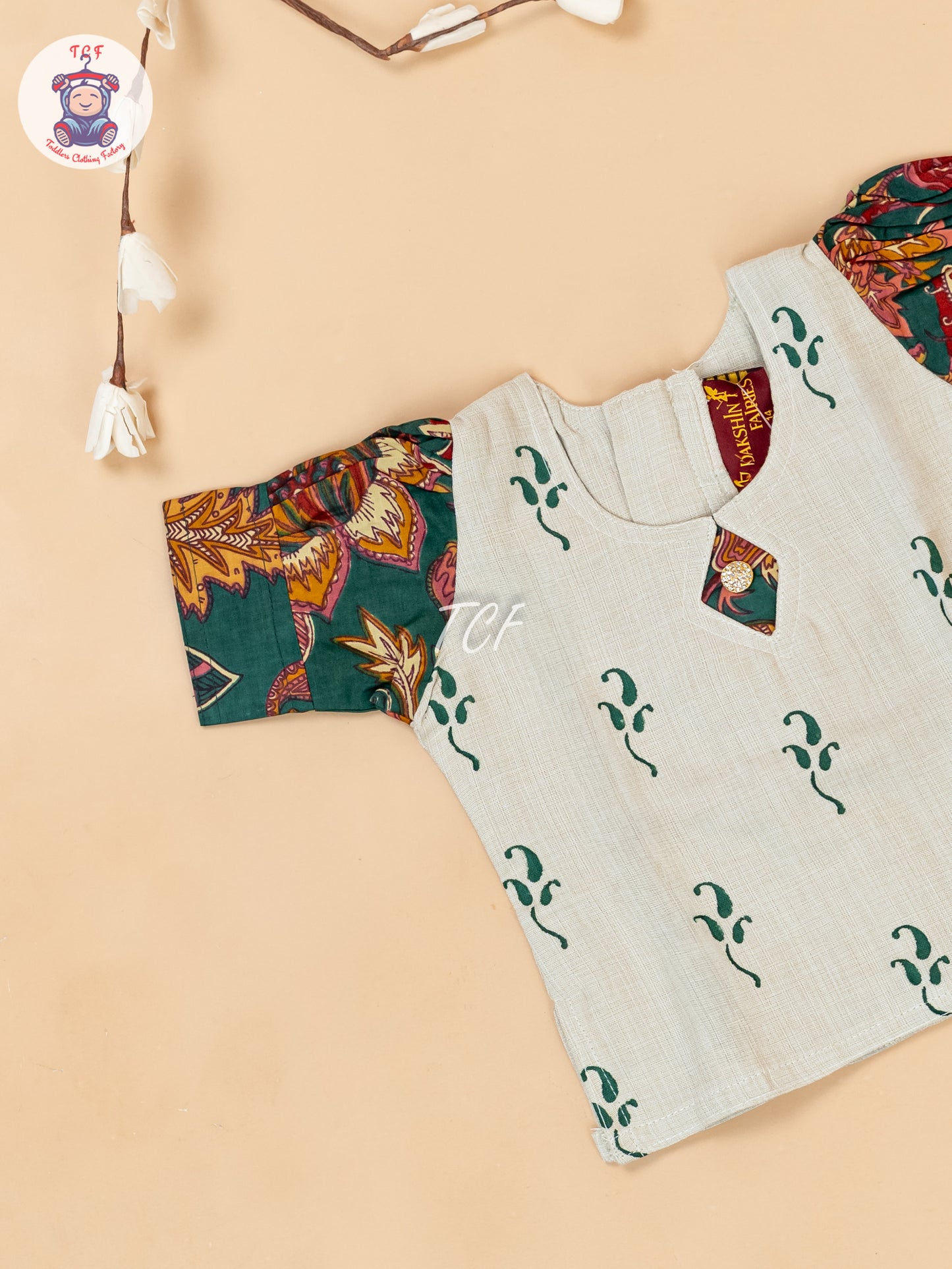 Cream & Bottle Green - Girls Readymade Floral Printed Cotton Pavadai Sattai
