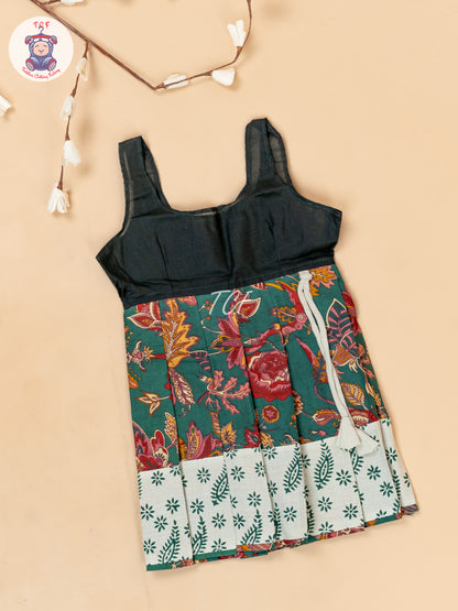Cream & Bottle Green - Girls Readymade Floral Printed Cotton Pavadai Sattai