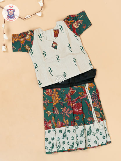 Cream & Bottle Green - Girls Readymade Floral Printed Cotton Pavadai Sattai