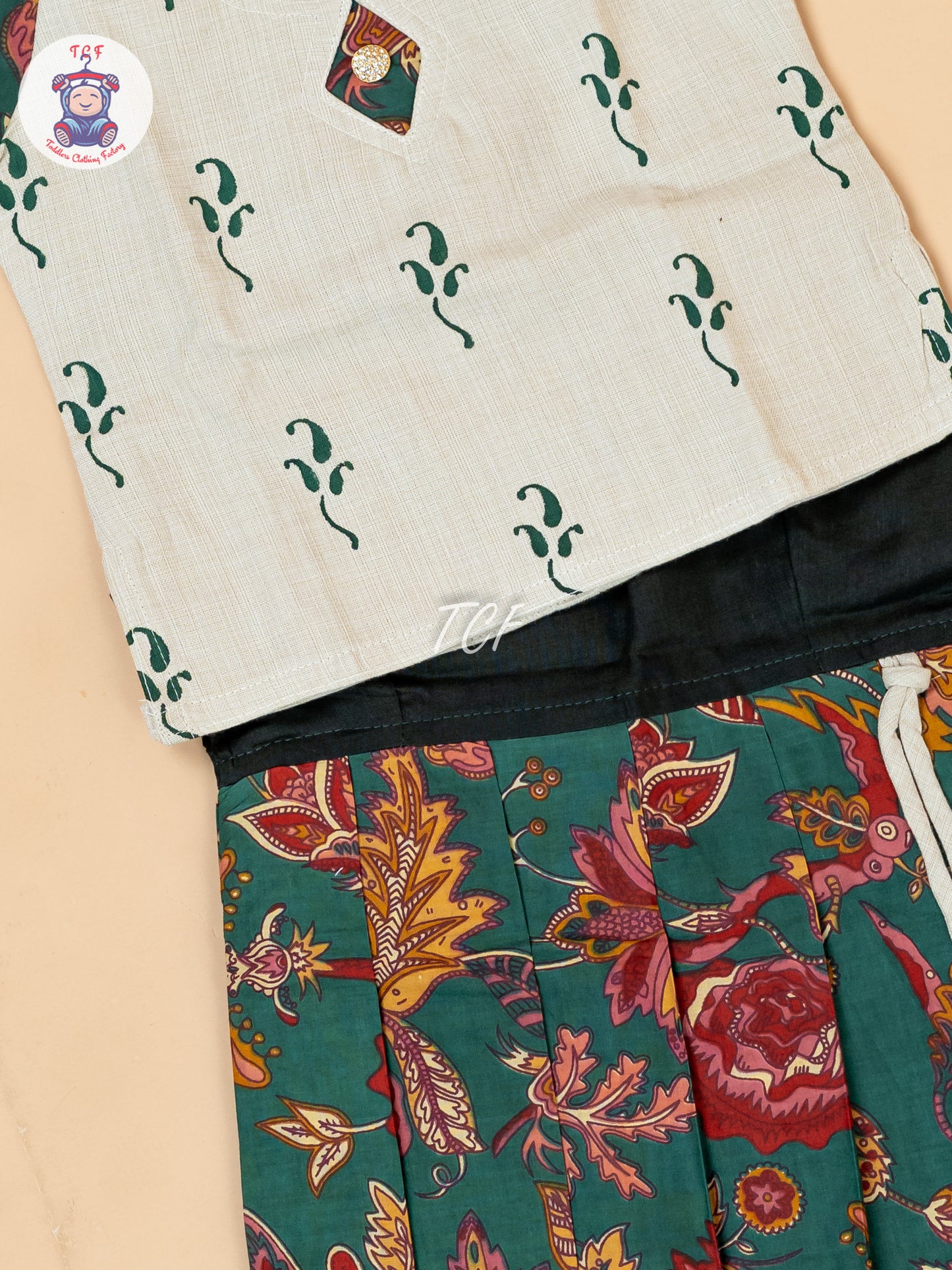 Cream & Bottle Green - Girls Readymade Floral Printed Cotton Pavadai Sattai