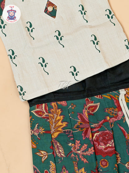 Cream & Bottle Green - Girls Readymade Floral Printed Cotton Pavadai Sattai