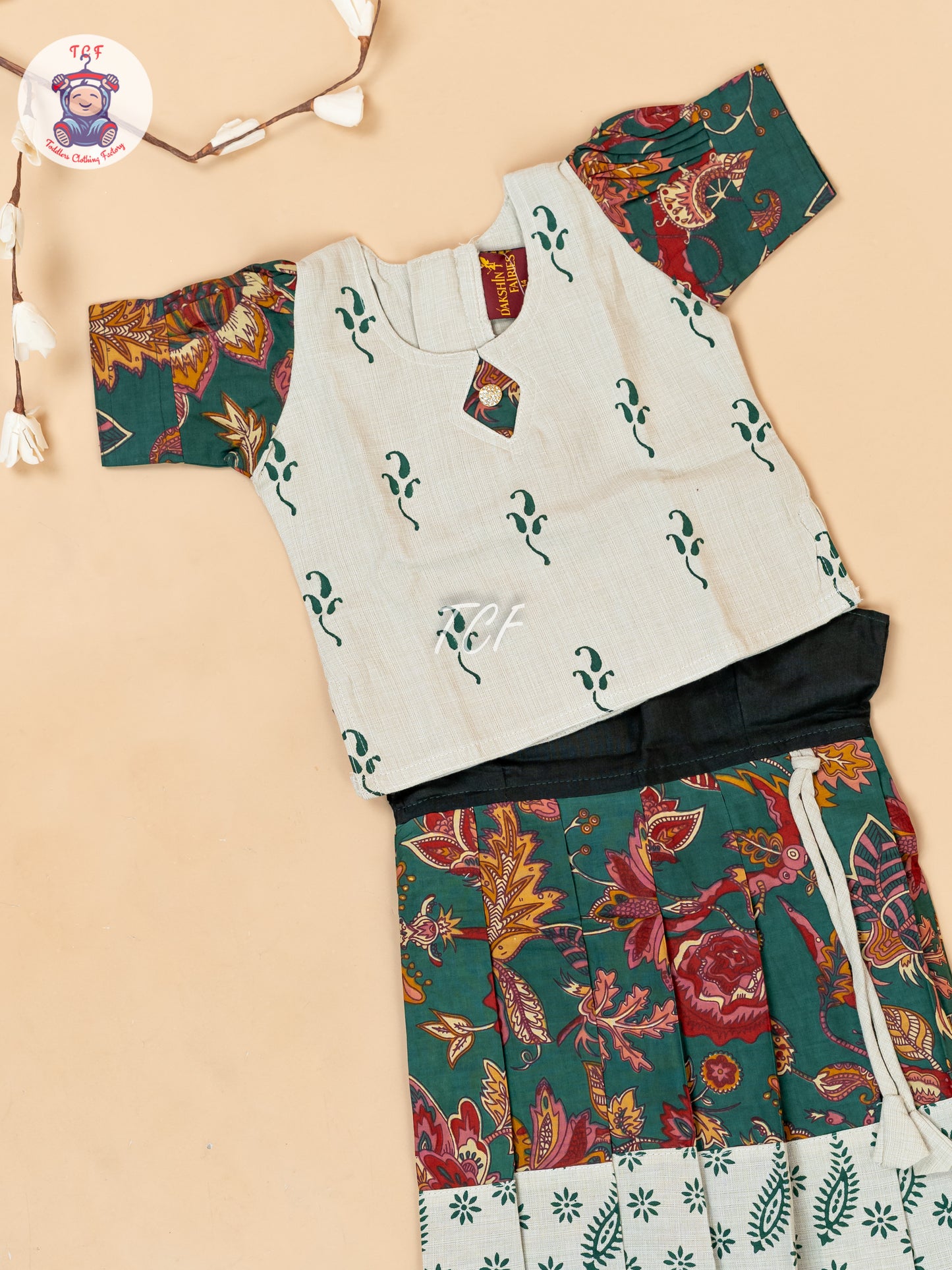 Cream & Bottle Green - Girls Readymade Floral Printed Cotton Pavadai Sattai