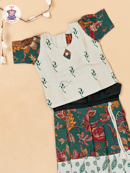 Cream & Bottle Green - Girls Readymade Floral Printed Cotton Pavadai Sattai