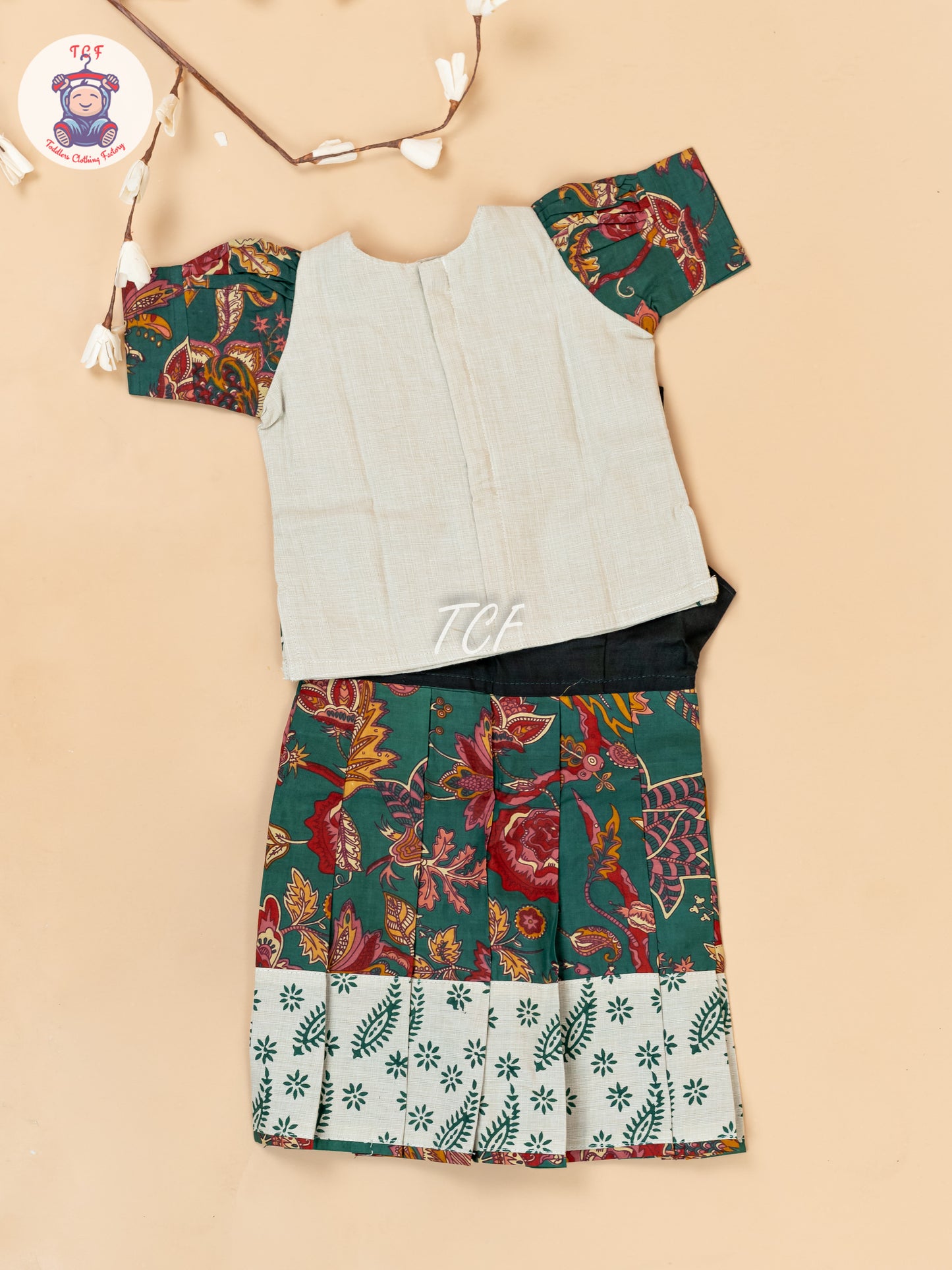 Cream & Bottle Green - Girls Readymade Floral Printed Cotton Pavadai Sattai