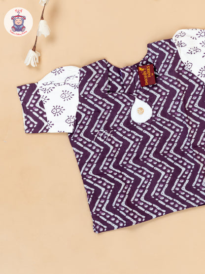 White & Lavender - Girls Readymade Floral Printed Cotton Pavadai Sattai