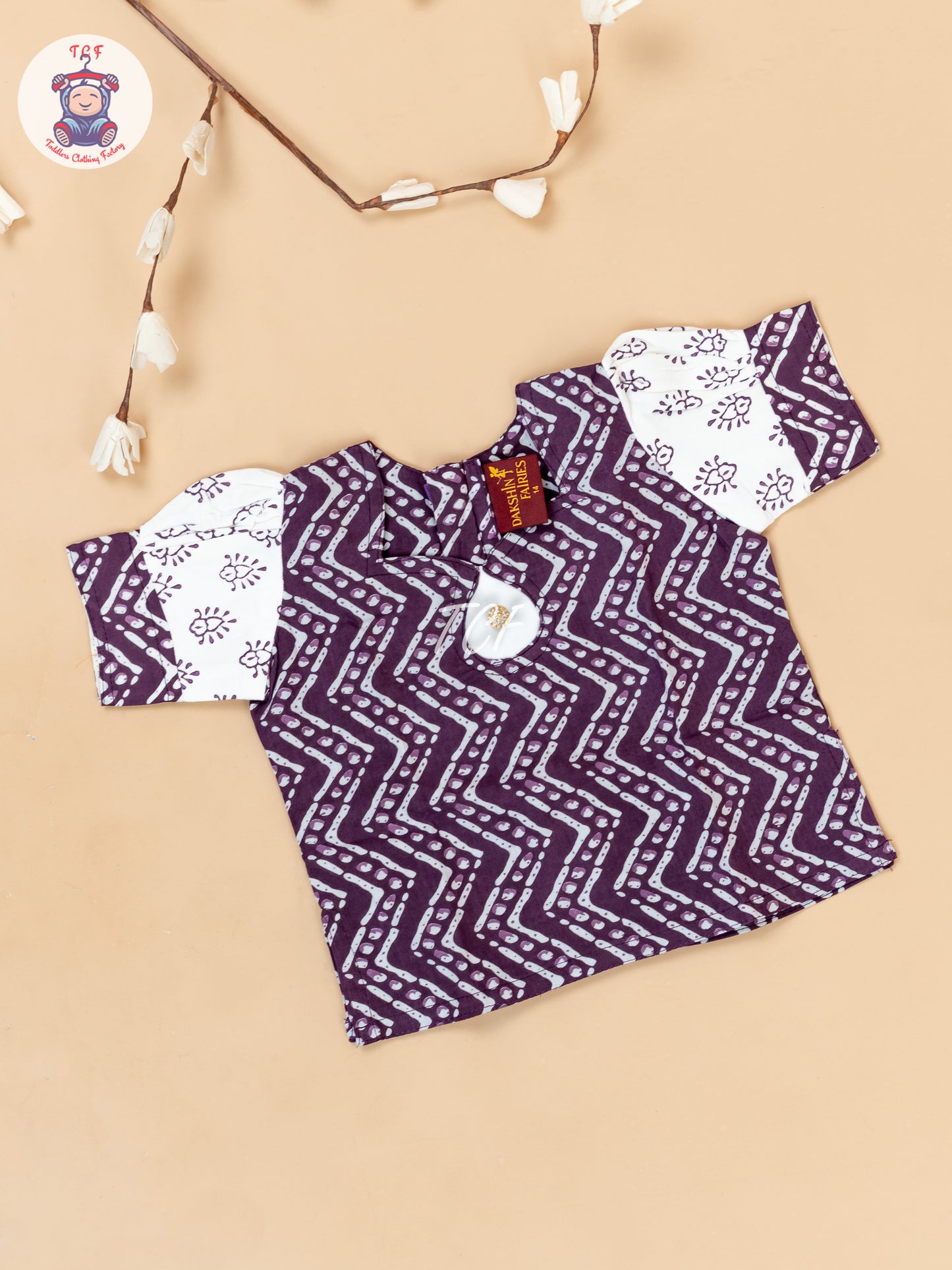White & Lavender - Girls Readymade Floral Printed Cotton Pavadai Sattai