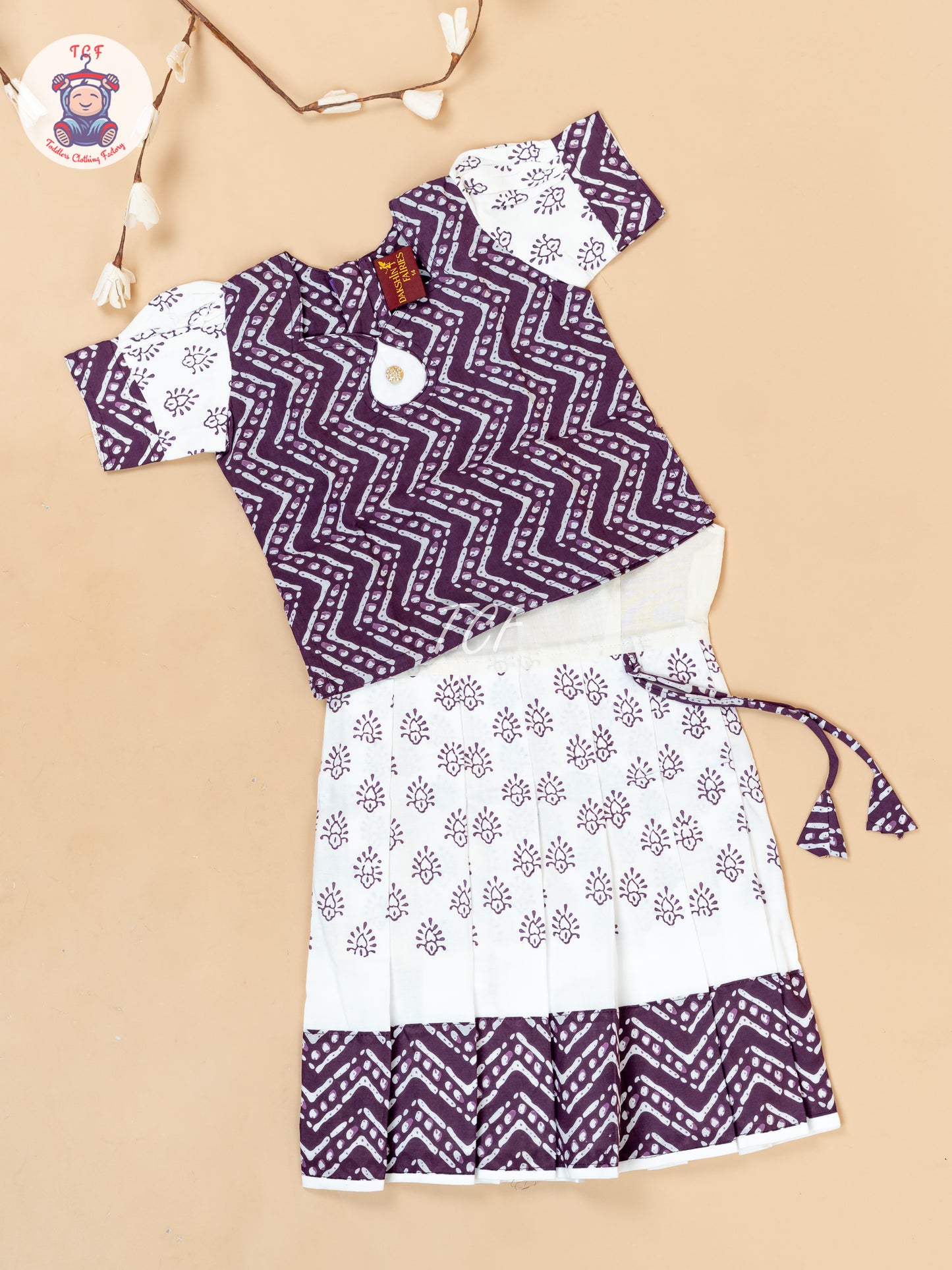 White & Lavender - Girls Readymade Floral Printed Cotton Pavadai Sattai