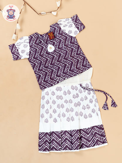 White & Lavender - Girls Readymade Floral Printed Cotton Pavadai Sattai