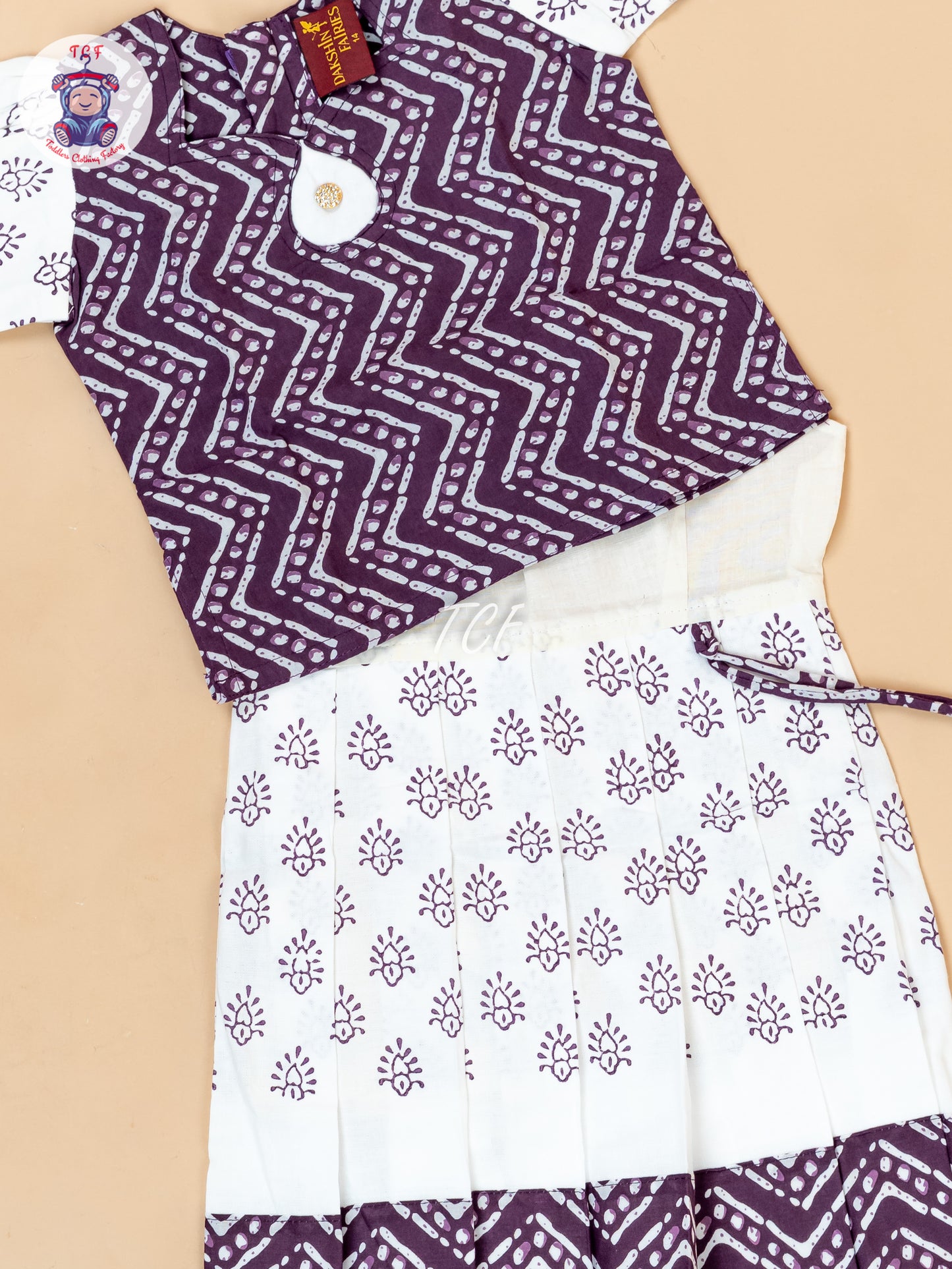 White & Lavender - Girls Readymade Floral Printed Cotton Pavadai Sattai