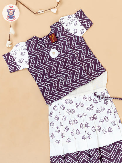 White & Lavender - Girls Readymade Floral Printed Cotton Pavadai Sattai