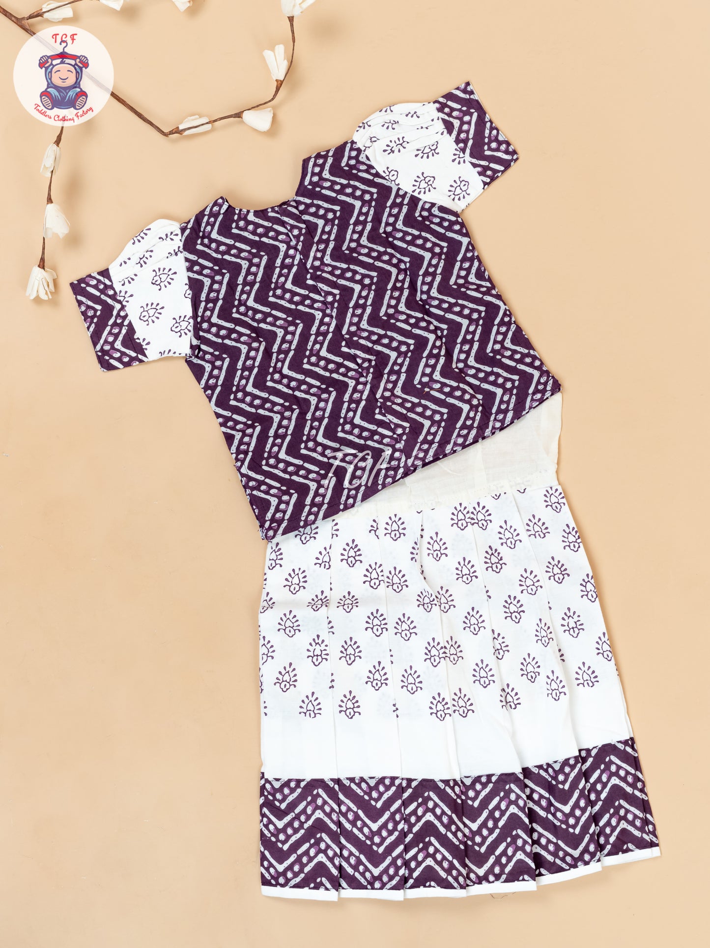 White & Lavender - Girls Readymade Floral Printed Cotton Pavadai Sattai