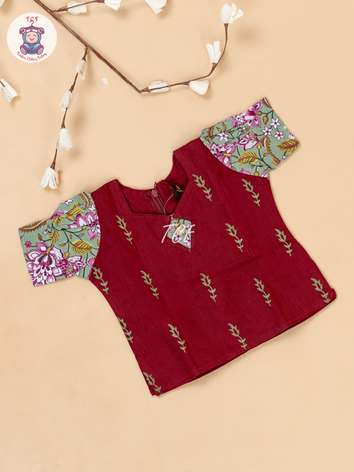 Red & Green - Girls Readymade Floral Printed Cotton Pavadai Sattai