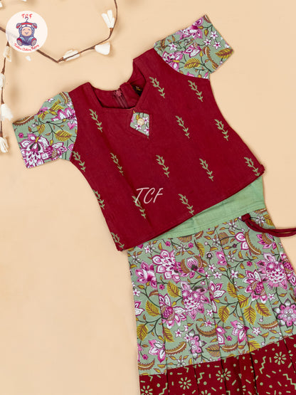 Red & Green - Girls Readymade Floral Printed Cotton Pavadai Sattai