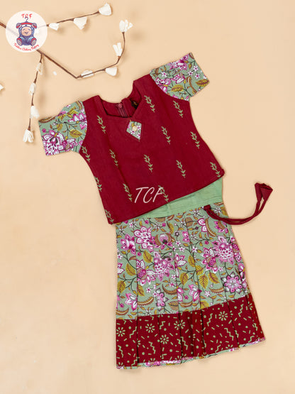 Red & Green - Girls Readymade Floral Printed Cotton Pavadai Sattai