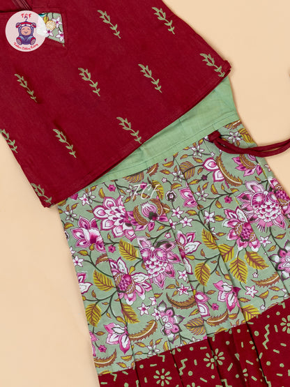 Red & Green - Girls Readymade Floral Printed Cotton Pavadai Sattai