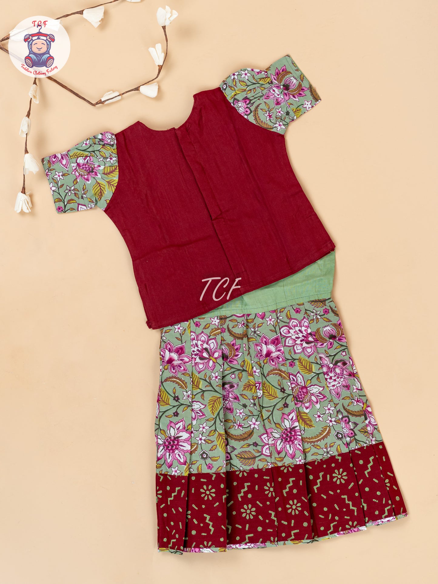 Red & Green - Girls Readymade Floral Printed Cotton Pavadai Sattai