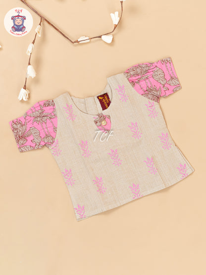 Cream & Pink - Girls Readymade Floral Printed Cotton Pavadai Sattai