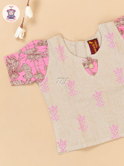 Cream & Pink - Girls Readymade Floral Printed Cotton Pavadai Sattai