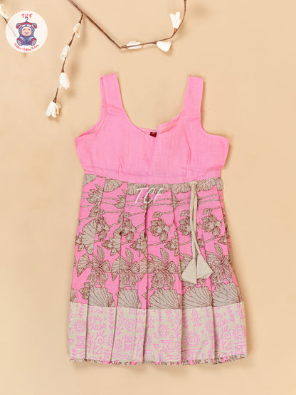 Cream & Pink - Girls Readymade Floral Printed Cotton Pavadai Sattai
