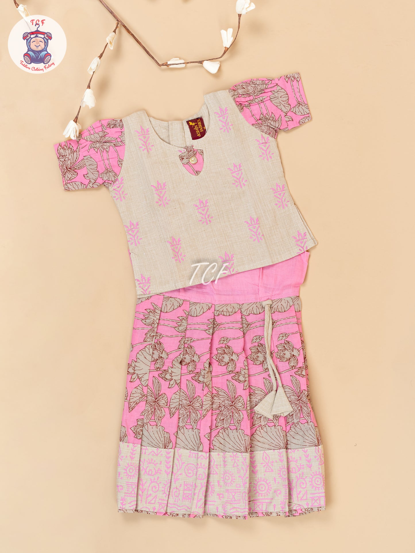 Cream & Pink - Girls Readymade Floral Printed Cotton Pavadai Sattai