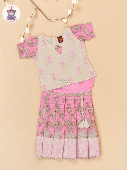 Cream & Pink - Girls Readymade Floral Printed Cotton Pavadai Sattai