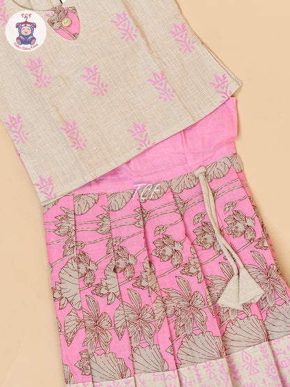 Cream & Pink - Girls Readymade Floral Printed Cotton Pavadai Sattai