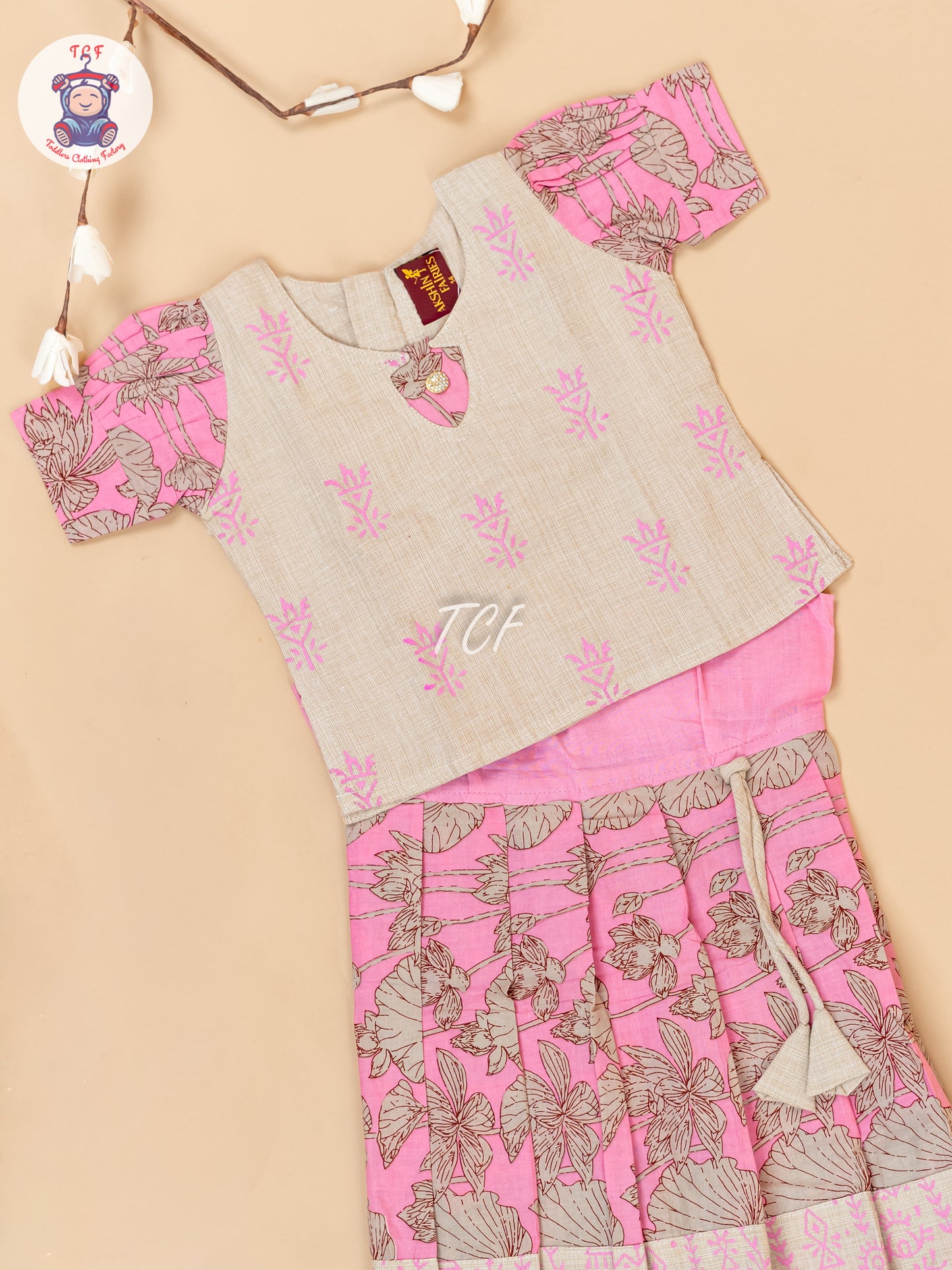 Cream & Pink - Girls Readymade Floral Printed Cotton Pavadai Sattai