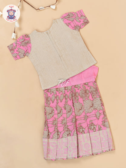 Cream & Pink - Girls Readymade Floral Printed Cotton Pavadai Sattai