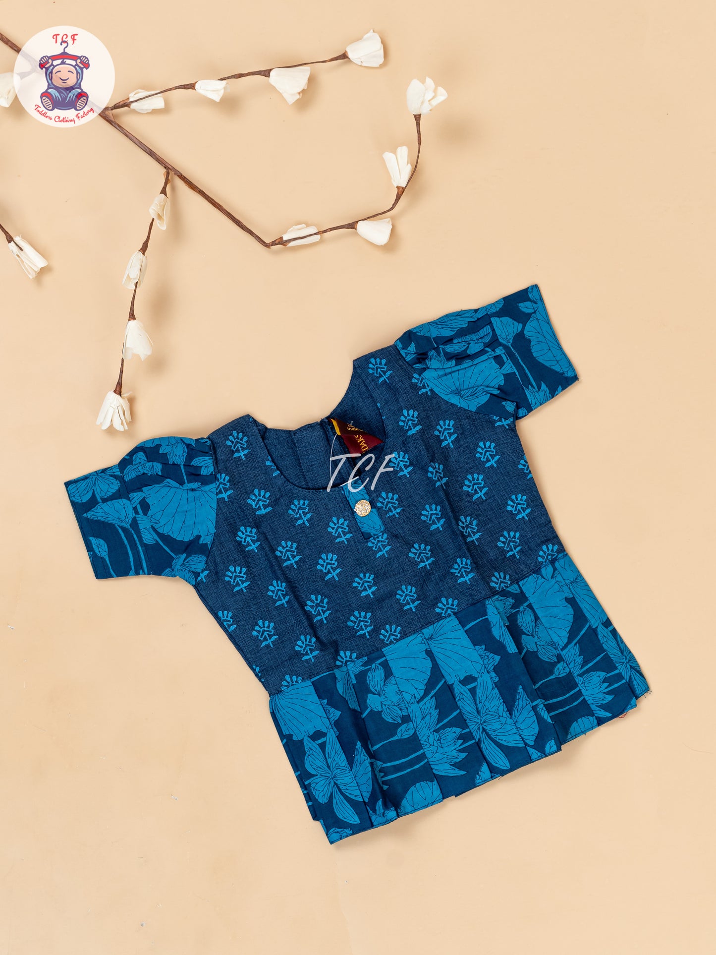 Blue - Girls Readymade Floral Printed Cotton Pavadai Sattai