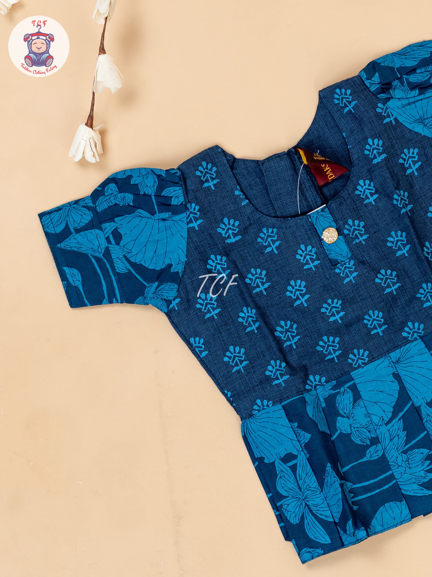 Blue - Girls Readymade Floral Printed Cotton Pavadai Sattai
