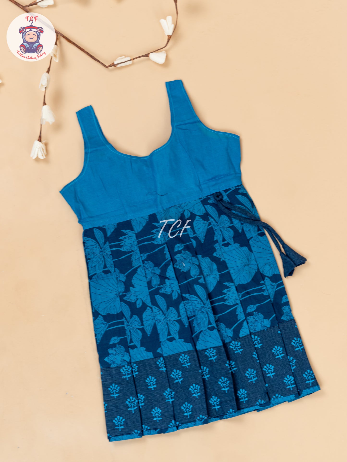 Blue - Girls Readymade Floral Printed Cotton Pavadai Sattai