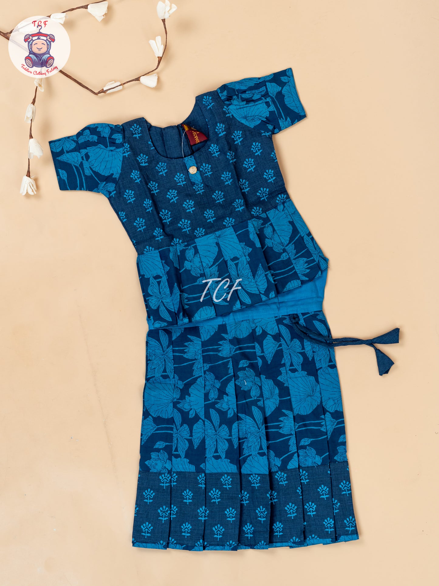 Blue - Girls Readymade Floral Printed Cotton Pavadai Sattai